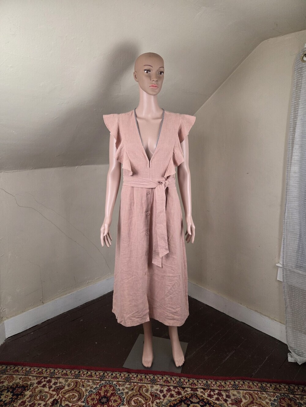 Saylor Pink‎ Linen Blend Ruffle Midi Dress Tie Waist Button Front Pockets Small